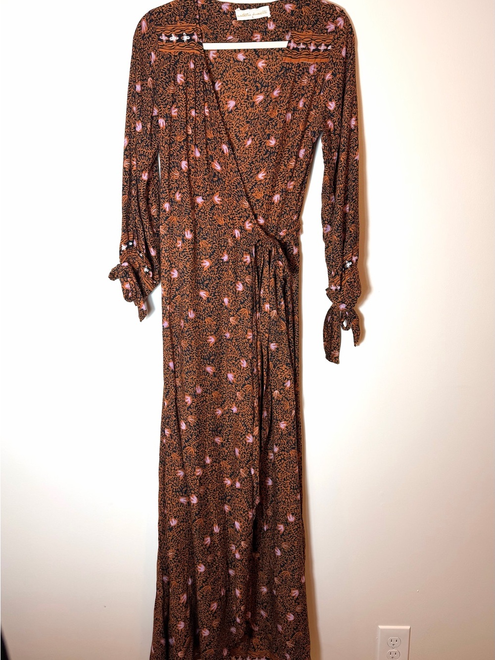 Natalie Martin Kate Handmade Rayon Floral Wrap Maxi Dress Boho Brown Pink Small - Picture 2 of 14